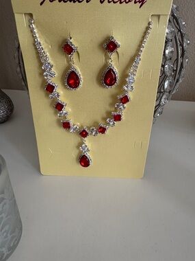 Elegant Red Teardrop Crystal Necklace & Earring Set